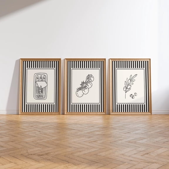 UNFFRAMED Mediterranean Kitchen Wall Art Set Of 3, Black Striped Sardines Print Olives, Tomatoes Wall Art, Minimalist Kitchen Decor, Set 3 Prints 8x12