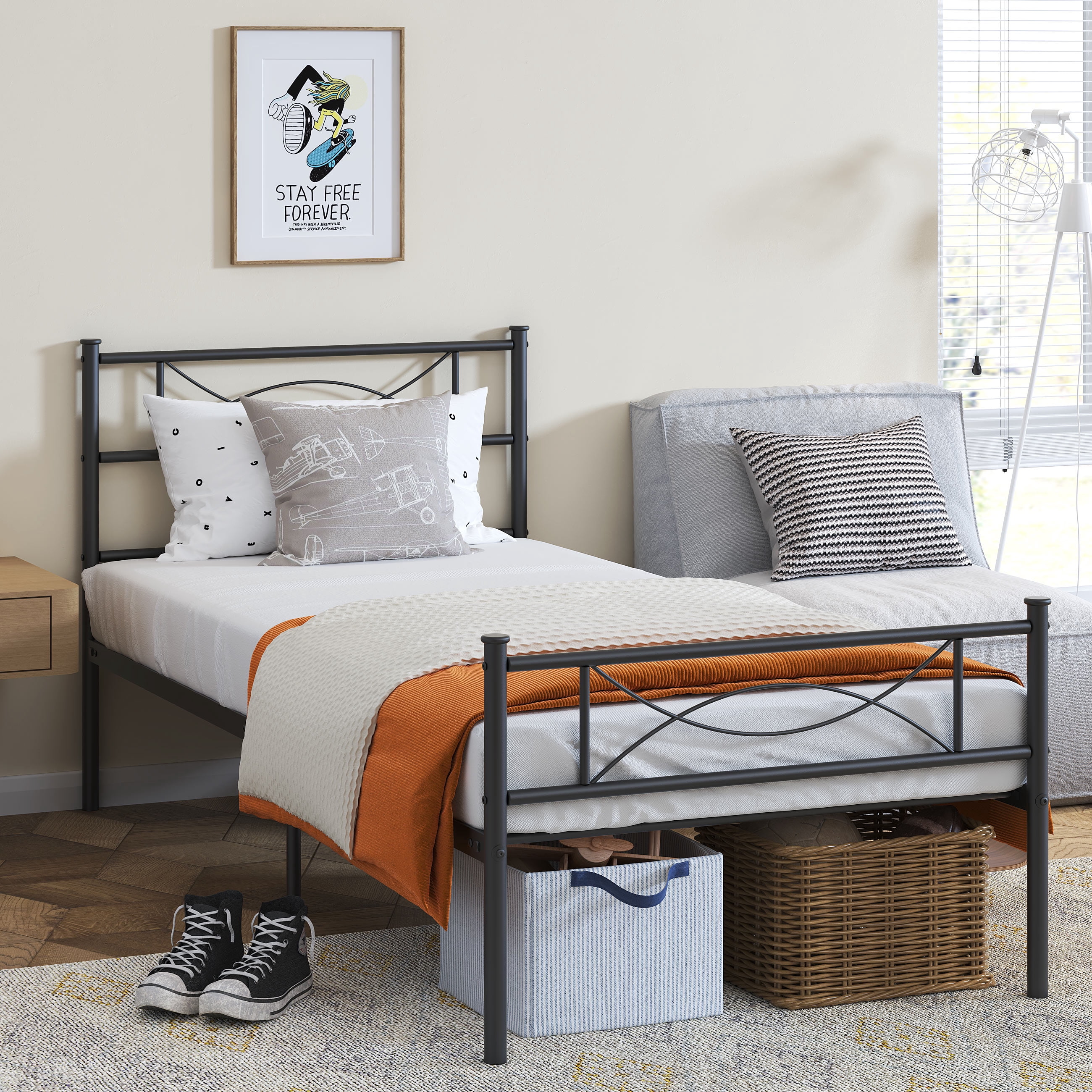 Mintazer Kids Twin Metal Platform Bed Frame with Cute Bowknot Headboard & Footboard for Boys Girls Teens, Black