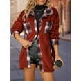 thumbnail image 5 of Women Fleece Button Down Plaid Long Coat Lapel Hooded Fleece Lined Jacket Fashion Color Block Tops Wine Red XXL, 5 of 8