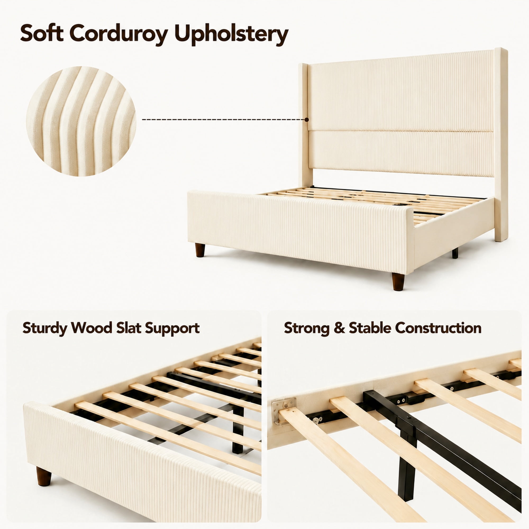 Mintazer Queen Size Upholstered Wingback Platform Bed Frame with Padded Headboard, Vertical Channel Tufted Corduroy Bed for Bedroom, No Box Spring Needed, Beige
