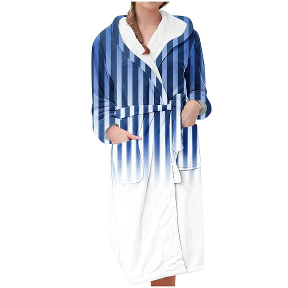 successthop Plus Size Flannel Robe Long for Women Fuzzy Soft Belted Long Sleepwear Stripe Bathrobe with Pockets Blue 2XL