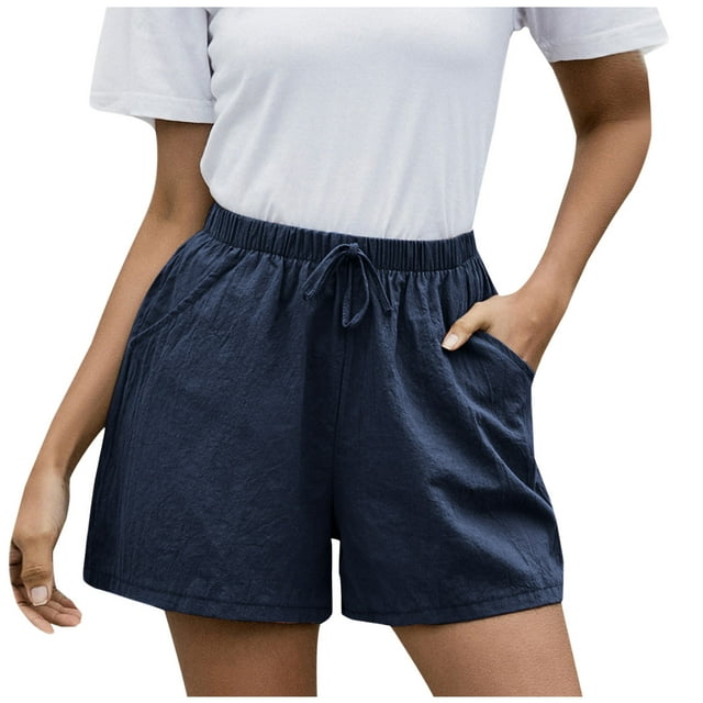 Timegard Cotton Linen Shorts for Women Elastic Waisted Drawstring Wide Leg Lounge Shorts with Pocket