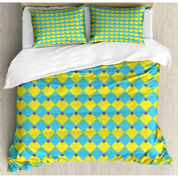 Crazy Duvet Cover Set Queen Size, Geometric Rhombus Pattern Memphis Style Arrangement Checkered Design, Decorative 3 Piece Bedding Set with 2 Pillow Shams, Yellow Purple and Blue, by Ambesonne