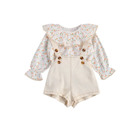 

Newborn Infant Baby Girl Clothes Set Long Sleeve Floral Toddler Baby Girl Tops Shirt Suspenders Short Trouser Outfits 2Pcs Denim Overalls