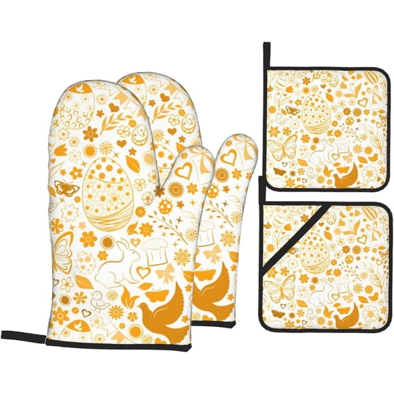 Easter Oven Mitts and Pot Holders Sets 4 pcs, Kitchen Oven Gloves Heat Resistant BBQ Gloves Non Slip for Cooking, Chef, Baking