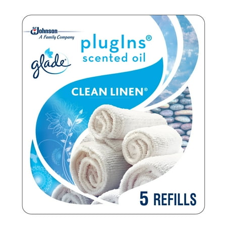- Glade PlugIns Scented Oil Refill Clean Linen, Essential Oil Infused Wall Plug In, Up to 250 Days of Continuous Fragrance, 3.35 FL OZ, Pack of 5