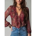 thumbnail image 2 of Women Vintage French‑Style Chiffon Printed Blouse, Deep‑V Neck Ruffle‑Sleeve Summer Vacation Tops, 2 of 9