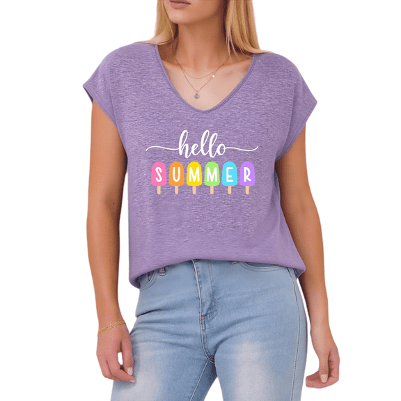 Giffimy Women's Hello Summer Ice Cream Popsicle Purple V-Neck Sleeveless T-Shirt Casual Vacation Tank Top