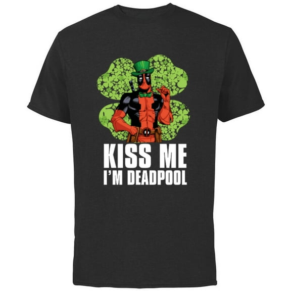 Marvel Kiss Me I'm Deadpool 4-Leaf Clover St. Patrick's Day - Short Sleeve Cotton T-Shirt for Adults - Customized-Black