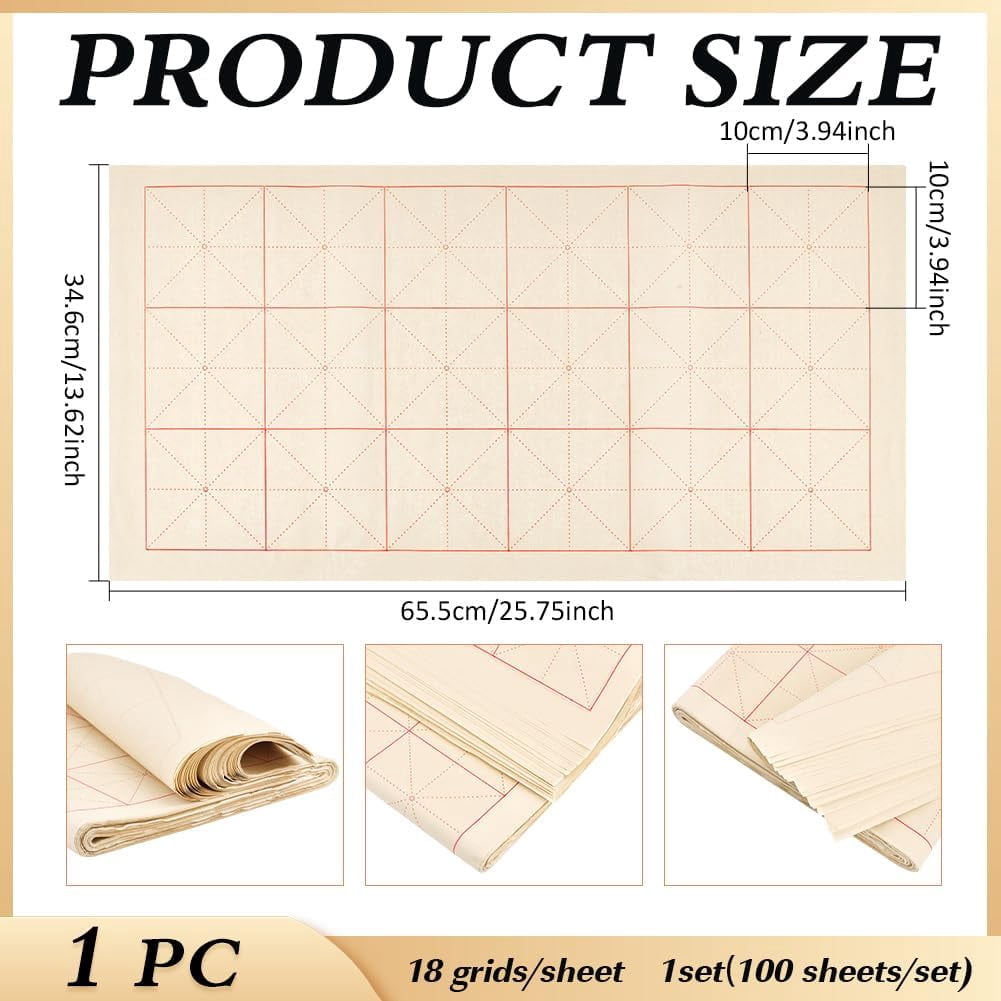 100 Sheets White Chinese Calligraphy Xuan Paper 25.7x13.6 Inch White Rice Paper with Grids DIY for Brush Writing Traditional Chinese Japanese Practice Paper DIY for Calligraphy Lover Beginner
