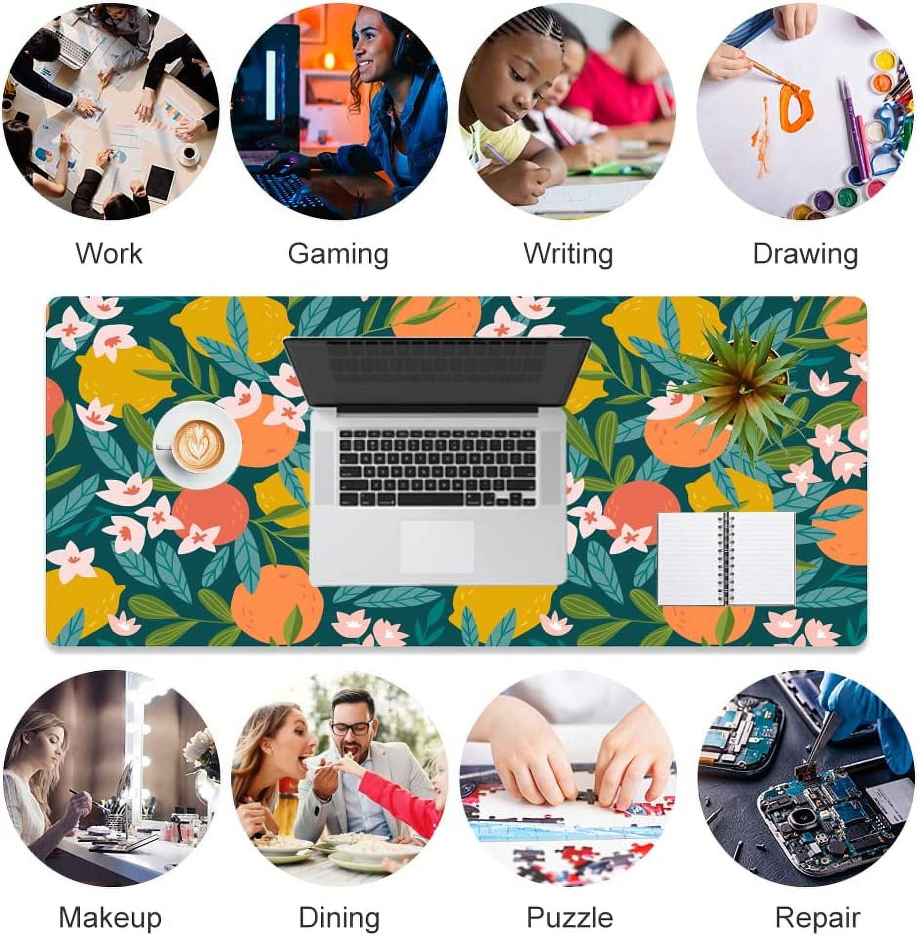 Large Mouse Pad, Waterproof PU Leather Cute Computer Desk Mat, Allover Citrus Fruit Home Office Décor, Multifunctional Desk Organizers Protector, 31.5" x 15.7" - Orange Lemon Floral Pattern