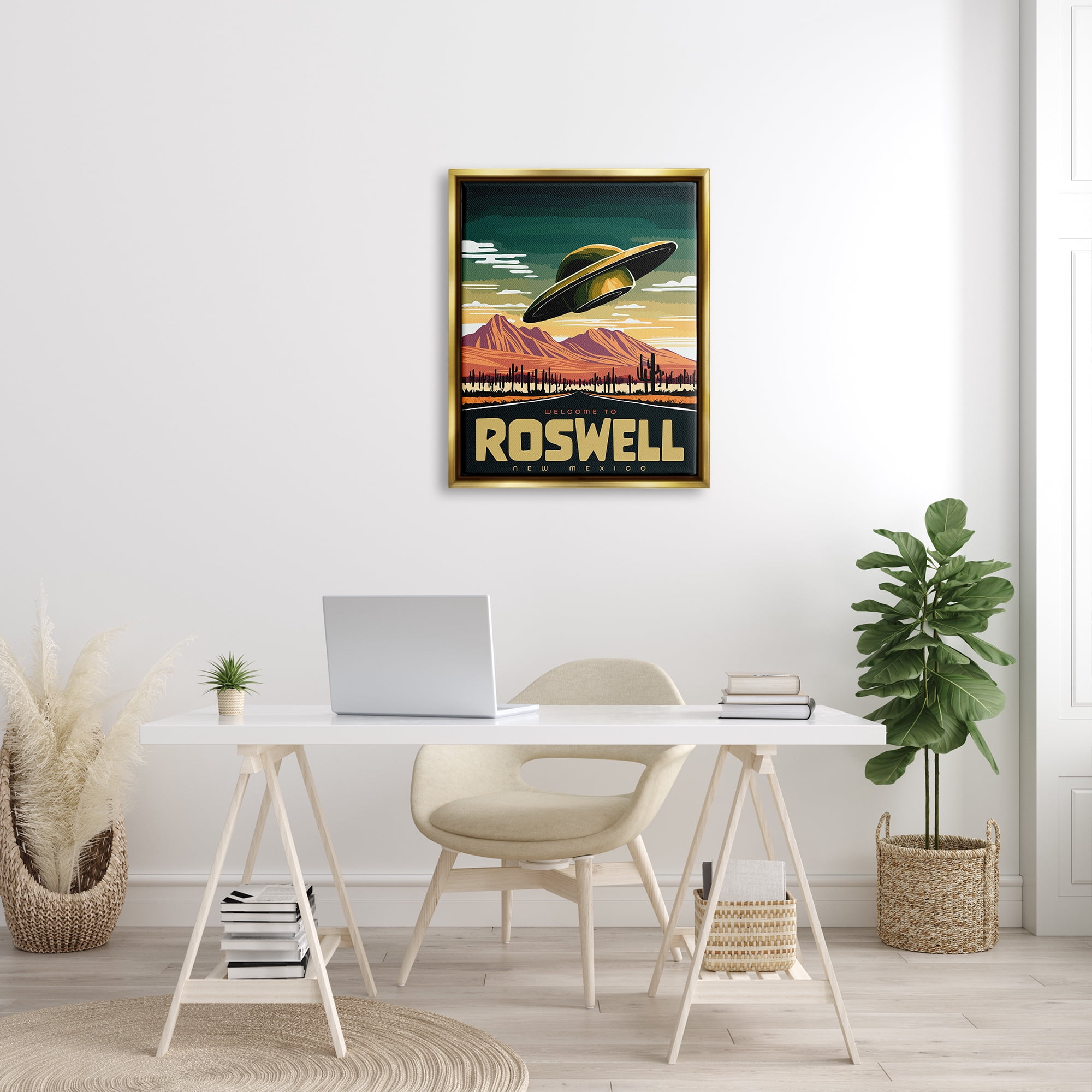 Stupell Industries Welcome Roswell New Mexico UFO Travel & Places Painting Gold Floater Framed Art Print Wall Art