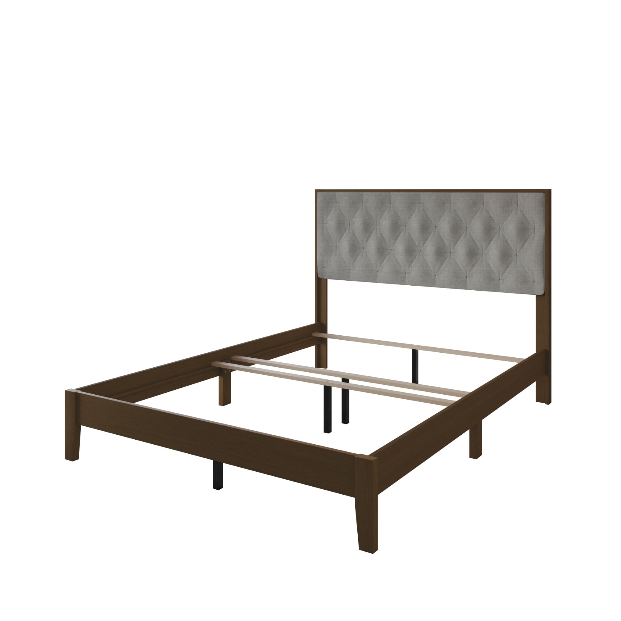 Home Design Kankakee Brown/Dark Gray Full Solid Wood Panel Bed with Upholstered Foam-Padded Headboard, Adult, Bedroom
