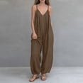 thumbnail image 2 of VBVC Women's Cotton-Linen Spaghetti Strap Jumpsuit,Adjustable Zipped Overall For Women,Ladies Summer Vacation Baggy Long Rompers with Pockets,Coffee,S-2XL, 2 of 6