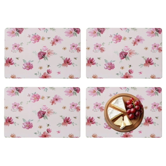Spring Peony Pink Petal-Party Placemats, Set of 4, Cork Backed Hard Boards, Heat Resistant, Rectangles, 15.75 x 11.25 Inches, White Backtround