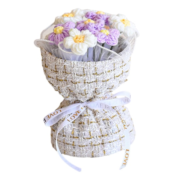 Ramo de flores de ganchillo hecho a mano, ramo de punto, decoración de mesa completa, regalo del Día de la madre para el día de San Valentín, regalo violeta