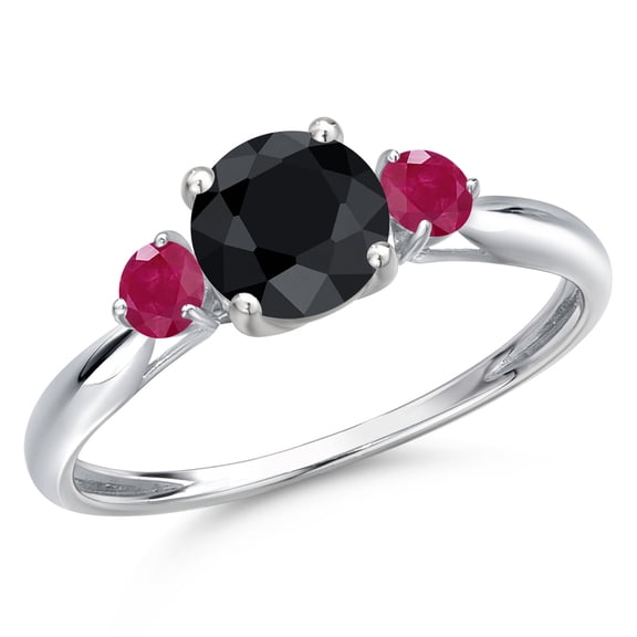 Gem Stone King 10K White Gold Black Sapphire and Red Ruby 3-Stone Ring for Women | 1.46 Cttw | Round 6MM | Gemstone September Birthstone | Size 8