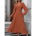 thumbnail image 4 of Women Casual Dress Dot Neck Lantern Sleeve Ruched Waist Dress Midi Dress, 4 of 4