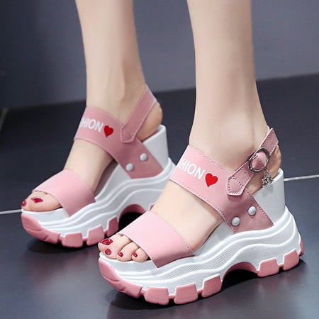 

Fidelma Women s sandals New Summer Chunky High Heels Female Wedges Fish Mouth Open Toe Sandals Shoes Pink-35