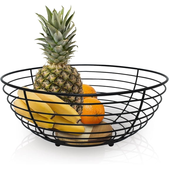 JS Gourmet Steel Wire Fruit Basket Bowl with Acacia Wood Base Ideal for Kitchen Counter