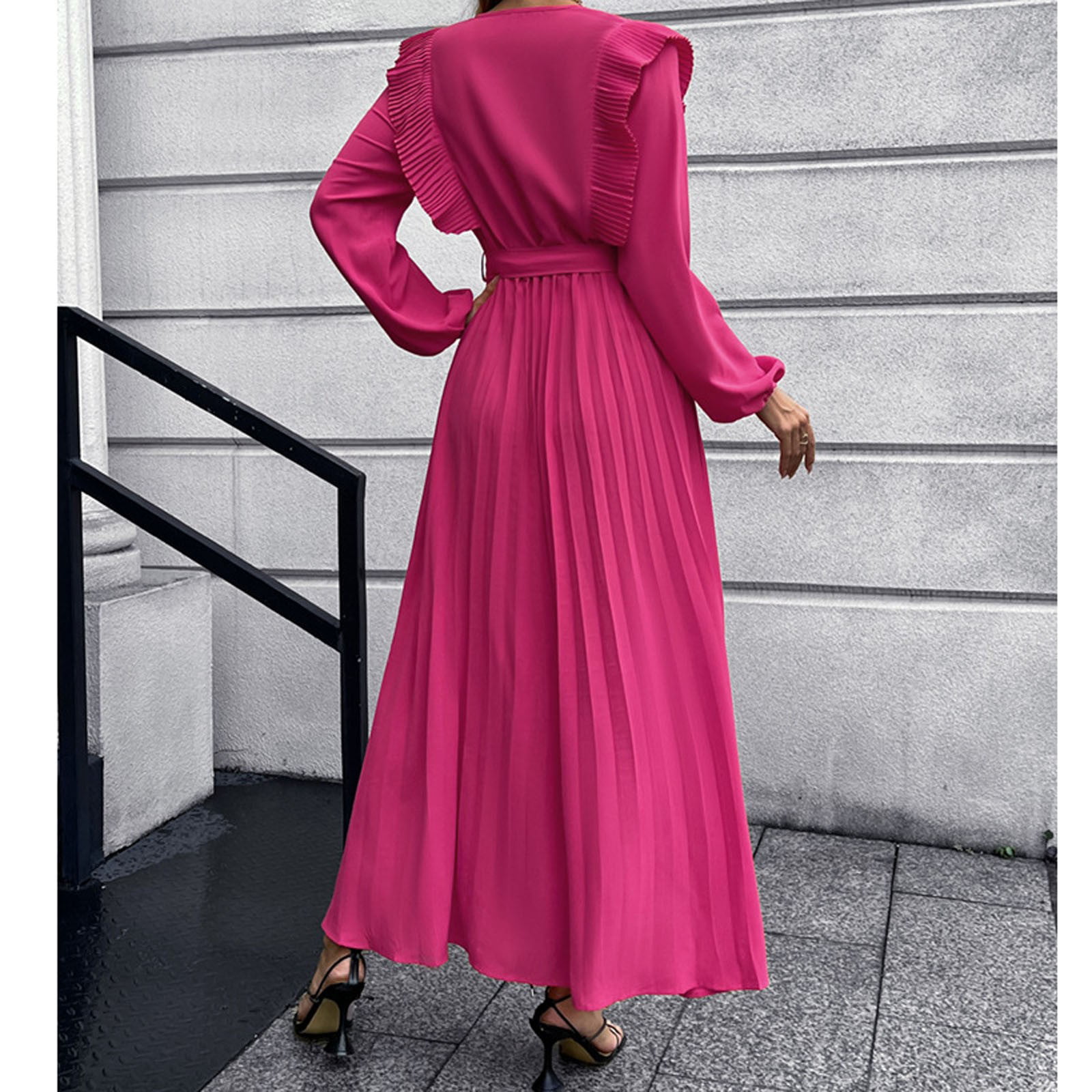 UDAXB Dresses for Women 2023 Daily V-Neck Ankle Length Long Sleeve Solid Hot  Pink Maxi Dresses L 