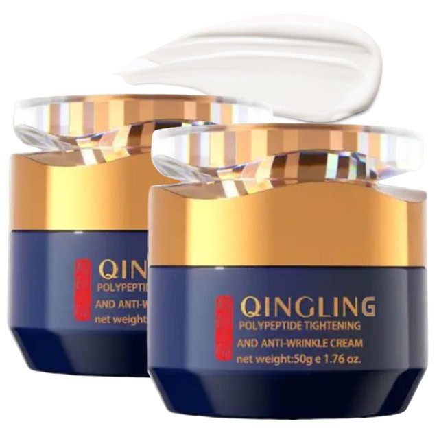 GROHESE Qingling Face Cream, a polypeptide tightening and anti-wrinkle cream, shown in two 50g jars with navy blue bases and gold lids. Designed for facial, neck, and eye use, this skin care product offers firming, deep moisturizing, and anti-aging benefits. A smooth white cream texture is displayed above the jars, highlighting its use as a face moisturizer.