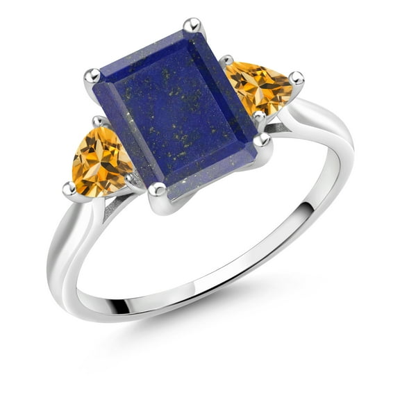 Gem Stone King 10K White Gold Blue Lapis and Yellow Citrine 3 Stone Engagement Ring for Women (2.42 Cttw, Emerald Cut 9X7MM, Gemstone Birthstone, Size 5)