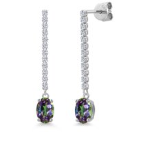 Gem Stone King 14K White Gold Green Mystic Topaz and Lab Grown Diamond Dangle Earrings for Women | 2.36 Cttw | Gemstone November Birthstone | Oval 7X5MM