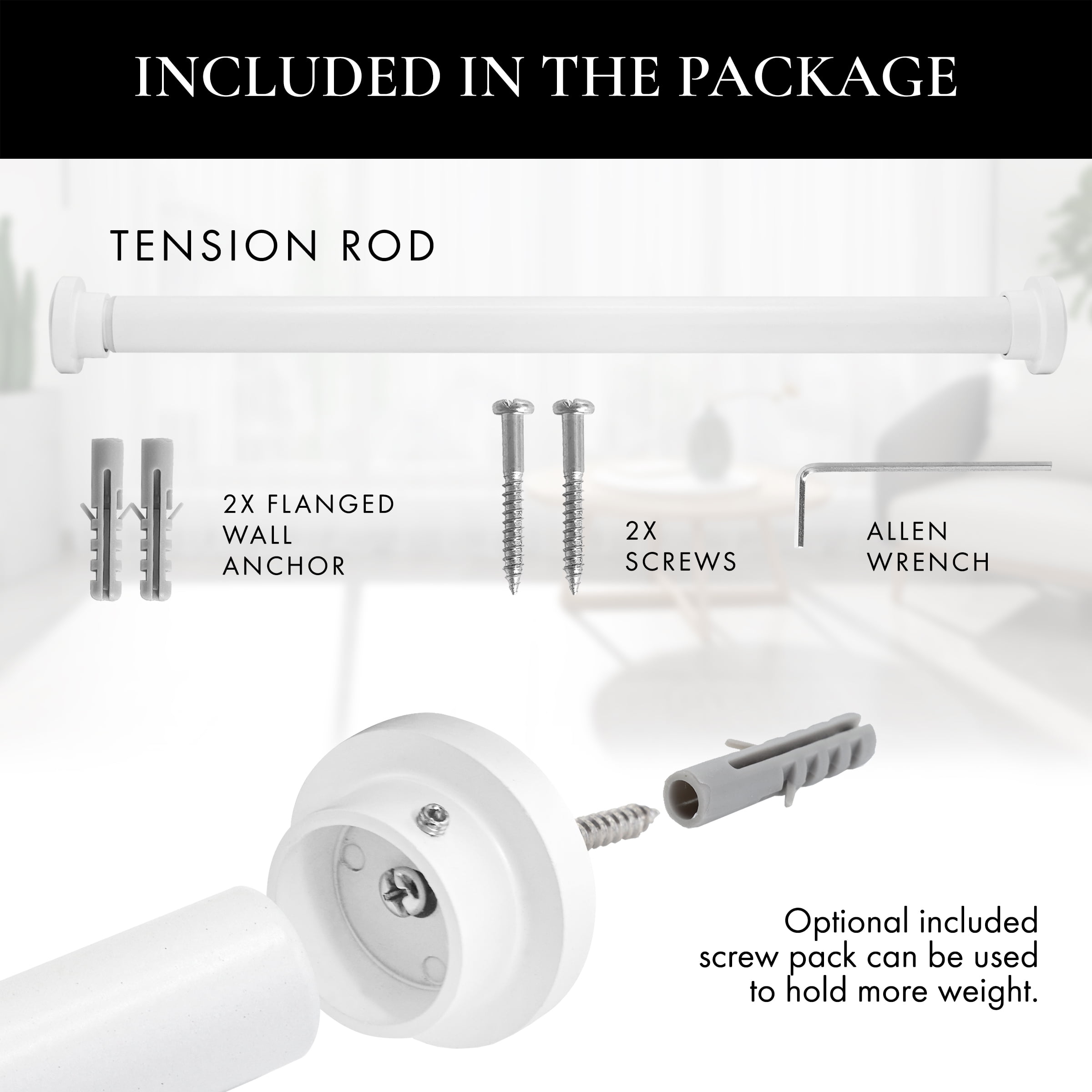 MERIVILLE 1" Tension Curtain Rod, Adjustable 42-72 Inches, Off White