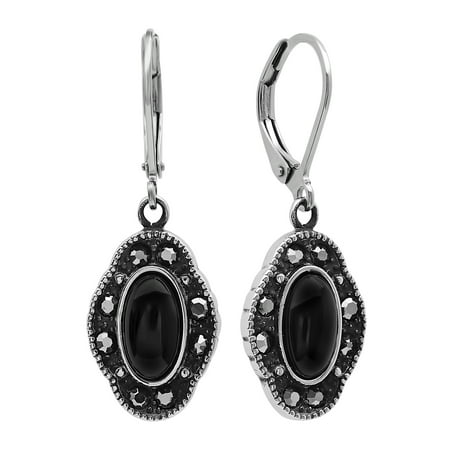 Dangling Onyx Earrings - Women’s Antiqued Stainless Steel Dangle Fashion Earrings w/ Onyx Stones