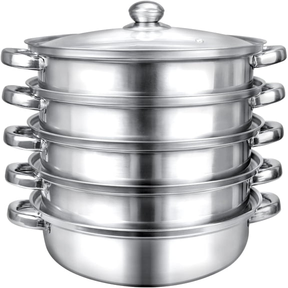 Stainless Steel Steamer Set with 5 Tier Steamer Pans Tier, Multi-Layer Cookware Pot for Steaming, Boiling, and Cooking