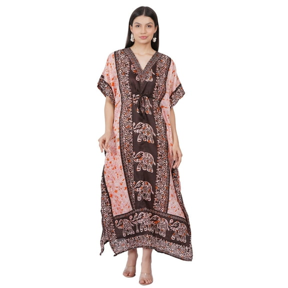 Women's Kaftan Dress Beach Cover Up Tribal Ethnic Print Plus Size Loose Kimono Maxi Dress - Color Brown Elephant