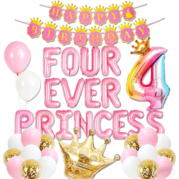 FourEverPrincess Princess Theme Party Decoration Set - Pink & Gold Birthday Celebration Supplies