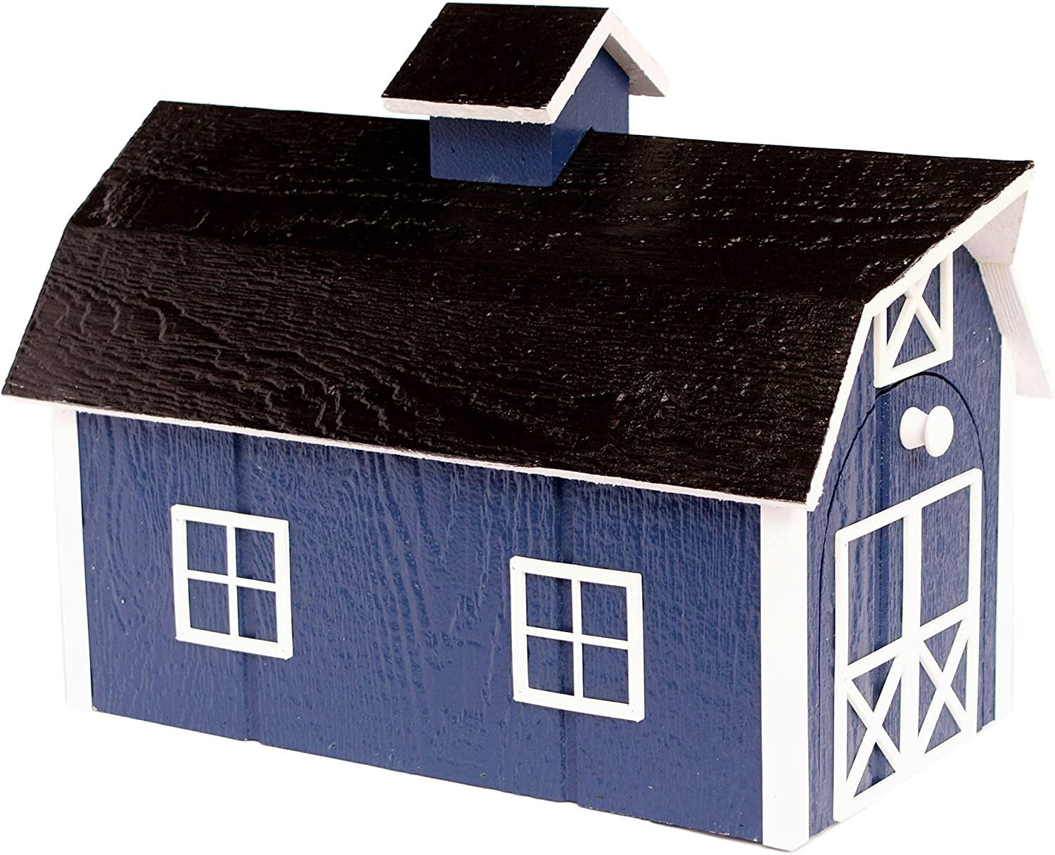 Amish-Made Deluxe Wooden Mailbox, Dutch Barn Style Navy Blue with White Trim