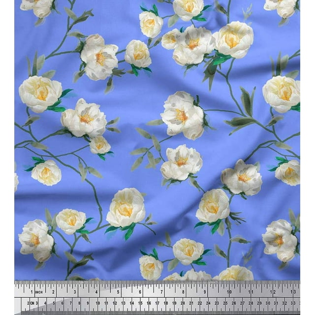 Soimoi Bleu Coton Jersey Feuilles & Magnolia Imprimé Floral 1 Yard 58 Inch Wide