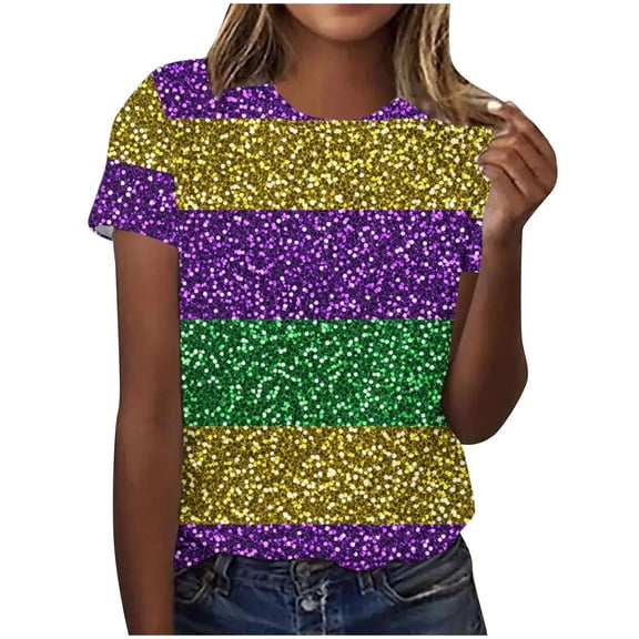 successthop Mardi Gras T Shirts for Women Colorful Stripe Casual Crewneck Outfits Short Sleeve Tops Plus Size Shirt 2XL