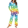 thumbnail image 3 of Renewold Valentine's Day Women Button Down Pajama Top Pants Matching Set of 2 Rainbow Stripes Hearts Scoop Neck Lounge Wear Skin Friendly Sleepwear Nightwear Size XS, 3 of 6