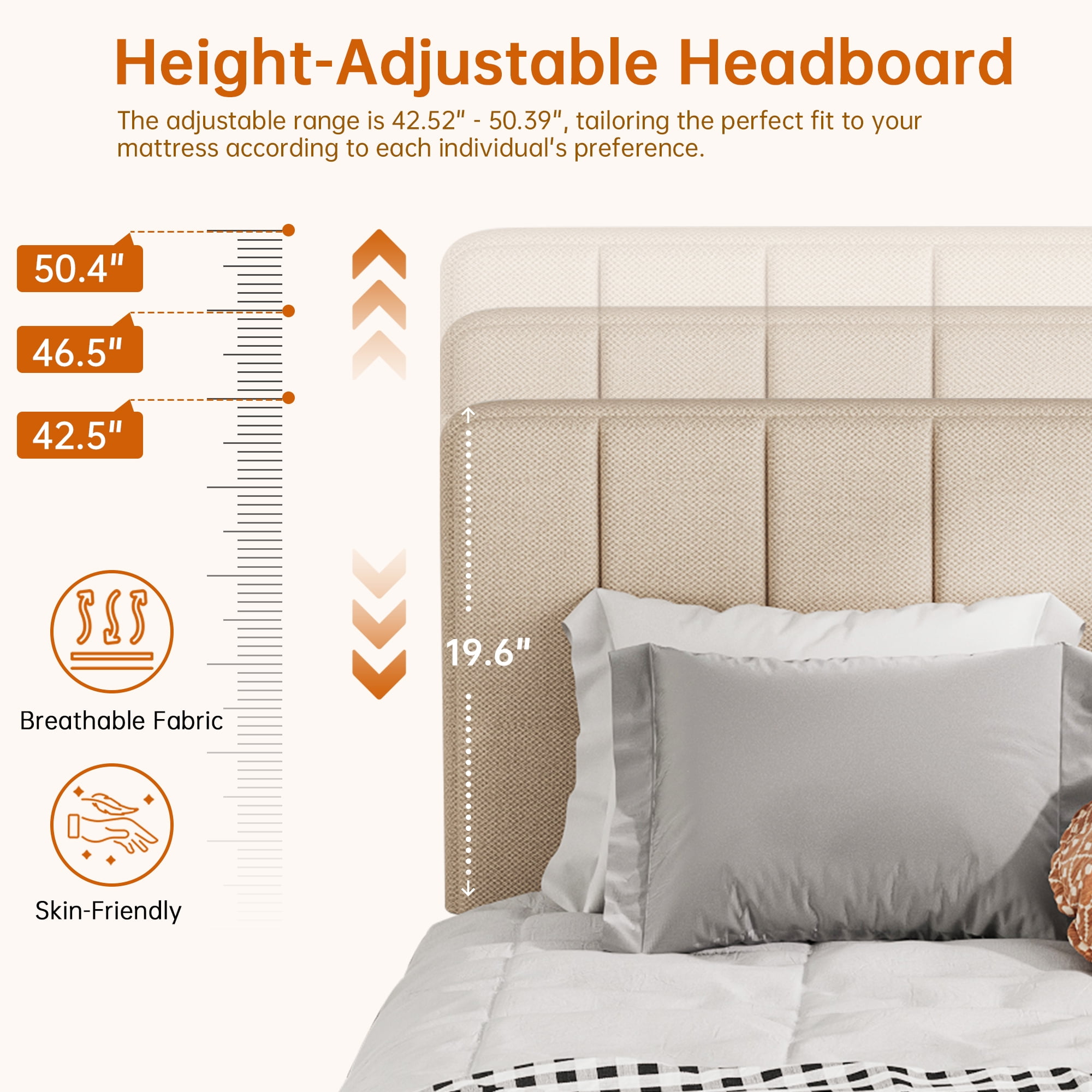 Pingliang Home King Size Bed Frame with Adjustable Upholstered Headboard&Wood Slats Support,Beige