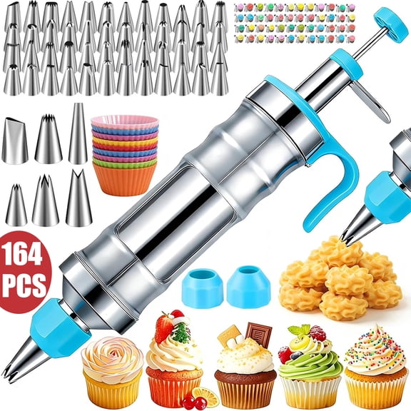 Spalivivre Frosting Piping Kit 164Pcs Cake Decorating Tools with 52 Icing Tips, Reusable Syringe & Baking Cups Set for Cupcakes, Cookies, Desserts, Beginners & Professionals, Blue