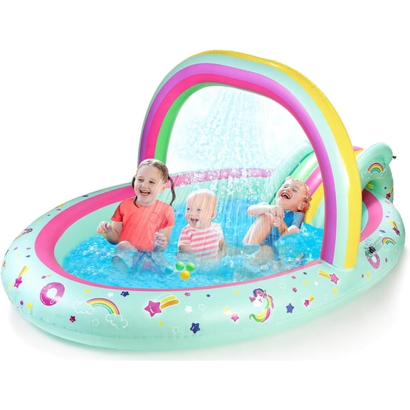 Rainbow Unicorn Inflatable Play Center Kiddie Pool with Slide and Sprinkler for Children, 96''x59''x39''in Baby Pool for Backyard and Garden