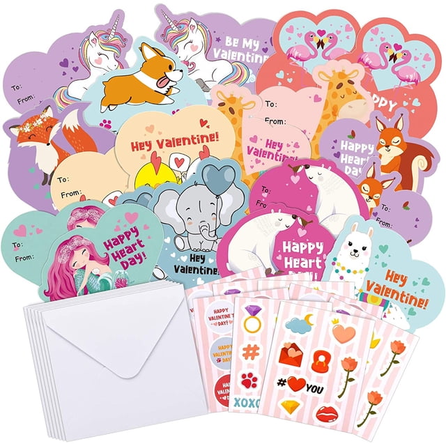 81Pcs Animal Valentine's Day Cards Kit 36 Pack Greeting Cards Cute Note Card in 12 Designs with Envelopes and Adhesive Stickers for Kids Classroom Exchange Valentine's Day Wedding Party