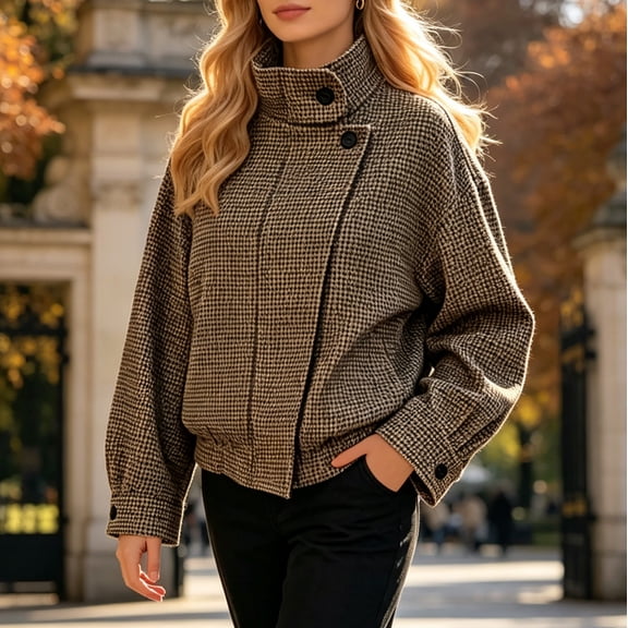 Women's Fall Winter Plaid Wool Blend Bomber Jacket Coat Stand Collar Cropped Outerwear Vintage Button Down Barn Jackets (Brown XS)