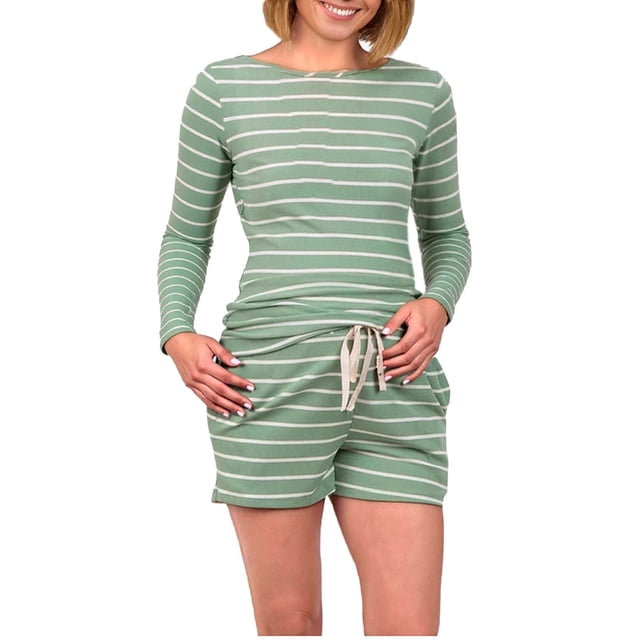 Sentmoon Ensembles 2 Pcs pour Femmes Vêtements d'Été de Maternité et Shorts de Plage Débardeurs d'Allaitement à Col Rond pour l'Allaitement Imprimé à Rayures Manches Longues Chandails d'Allaitement Tricotés Vert P
