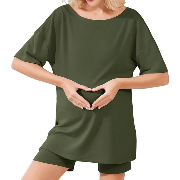 Conjunto de Dos Piezas para Mujer, Ropa de Verano 2025, Camisetas Extragrandes con Cuello en V, Pantalones Cortos Estilo Motero y Ropa Cómoda para Estar en Casa Verde XL