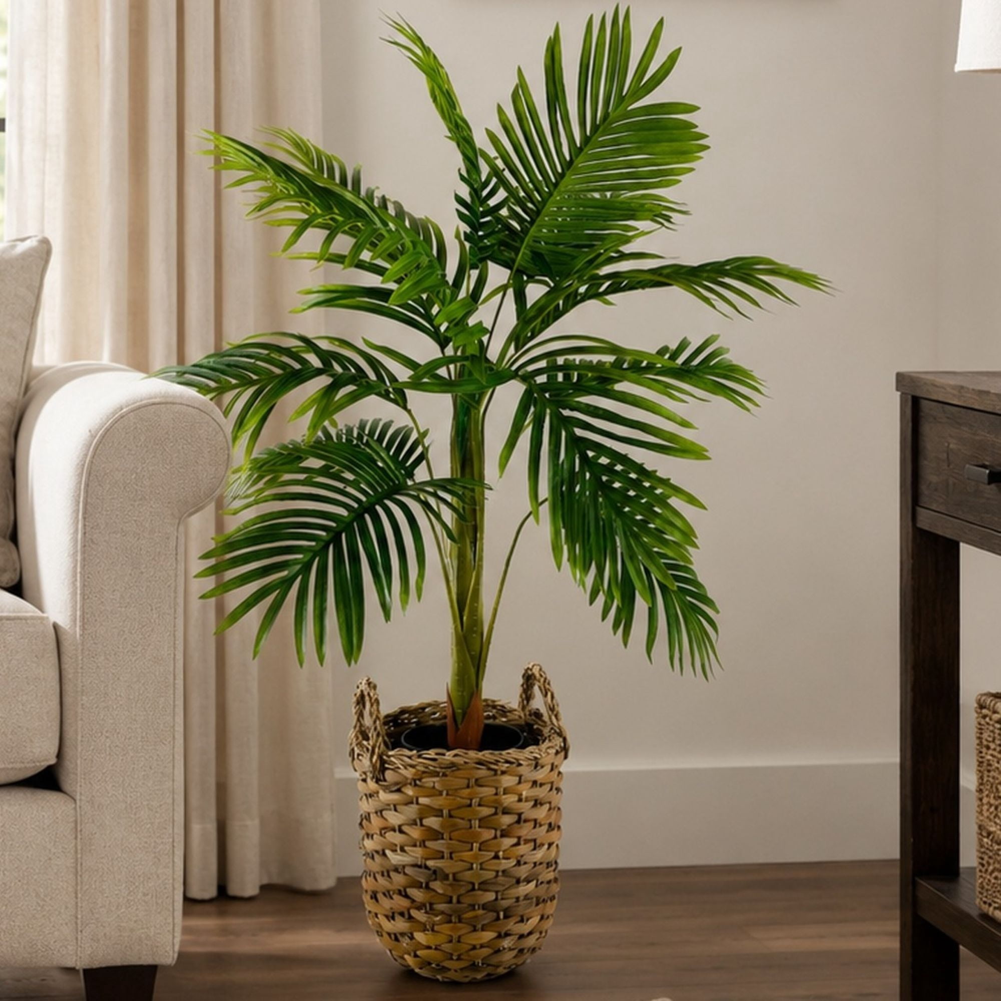 Artificial Plants, 3.3ft Artificial Palm Plant in Woven Handled Basket by LCG Florals, Faux Designer Fake Palm Tree Indoor for Home Décor Office Porch Patio Living Room Decor