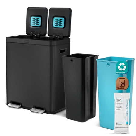 Home Zone Living 16 Gallon Dual Compartment Kitchen Trash Can with CleanAura Odor Control and Step Pedal Stainless Steel Matte Black 60 Liters Total