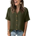 thumbnail image 2 of Ecqkame Womens Button Down Tops Turndown Collar Short Sleeve Solid Color Shirt Summer Casual Loose Beach Tops Army Green XL, 2 of 6
