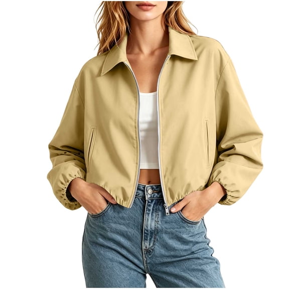 Stamzod Women's Fall Bomber Jacket 2026 Collared Puffed Hem Zip Up Jacket with Pocket Long Sleeve Crop Jackets for Women Yellow B M