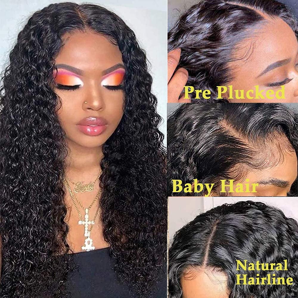 Deep Wave Human Hair Wig 4x4 Closure Glueless Wigs Human Hair Pre Plucked Pre Cut Lace Closure Glueless Wigs Elastic Band 200% Density Natural Color
