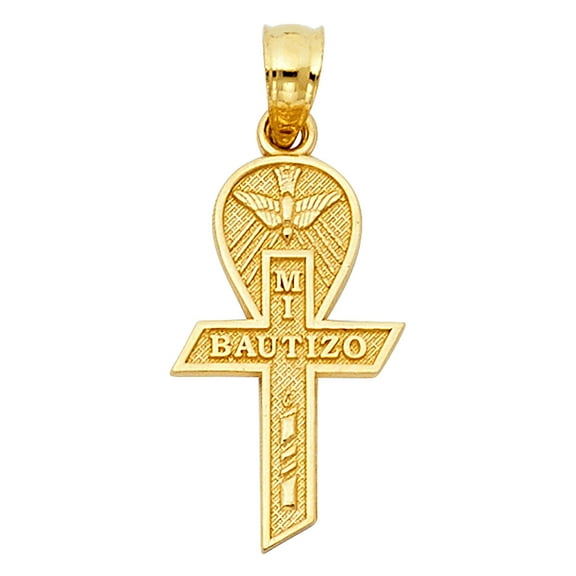 Ioka-14K Yellow Gold Religious Baptism Cross Charm Pendant For Necklace or Chain